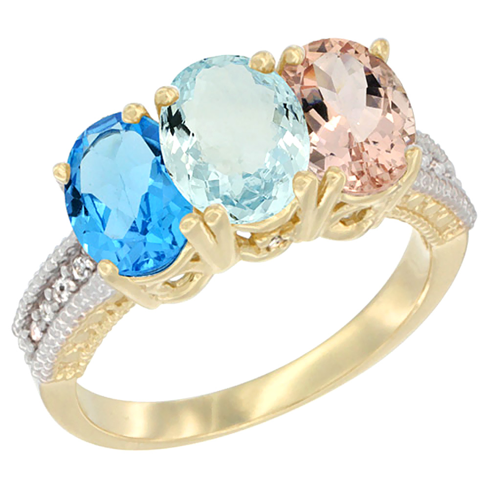 14K Yellow Gold Natural Swiss Blue Topaz, Aquamarine &amp; Morganite Ring 3-Stone 7x5 mm Oval Diamond Accent, sizes 5 - 10