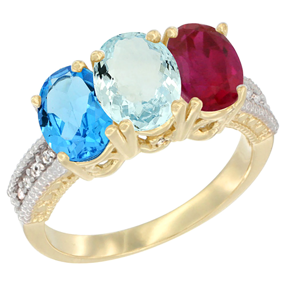 10K Yellow Gold Diamond Natural Swiss Blue Topaz, Aquamarine & Enhanced Ruby Ring 3-Stone Oval 7x5 mm, sizes 5 - 10