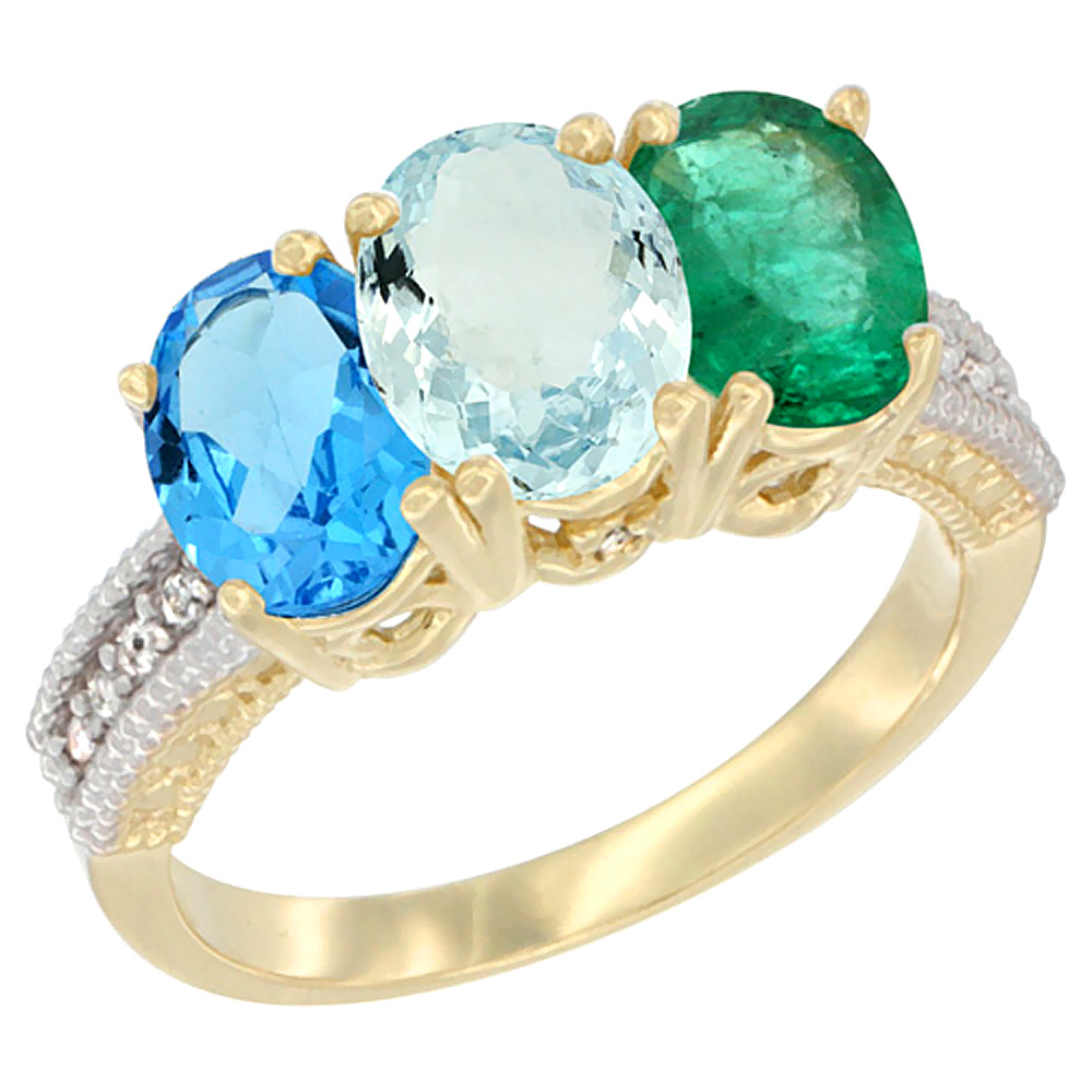 10K Yellow Gold Diamond Natural Swiss Blue Topaz, Aquamarine & Emerald Ring 3-Stone Oval 7x5 mm, sizes 5 - 10