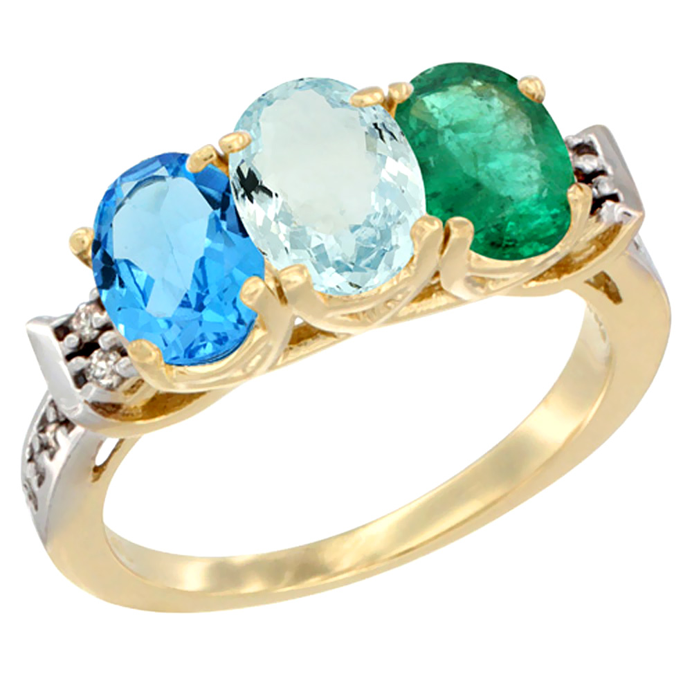 10K Yellow Gold Natural Swiss Blue Topaz, Aquamarine &amp; Emerald Ring 3-Stone Oval 7x5 mm Diamond Accent, sizes 5 - 10