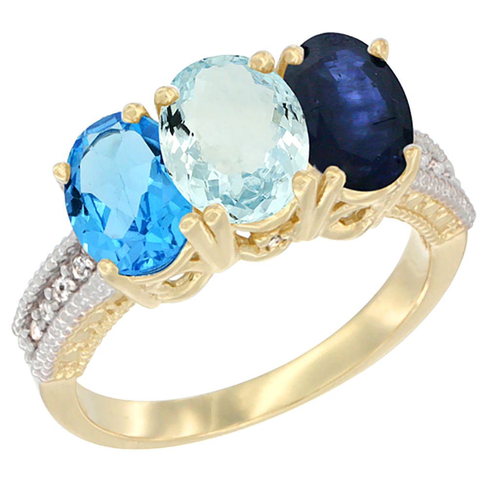 10K Yellow Gold Diamond Natural Swiss Blue Topaz, Aquamarine & Blue Sapphire Ring 3-Stone Oval 7x5 mm, sizes 5 - 10