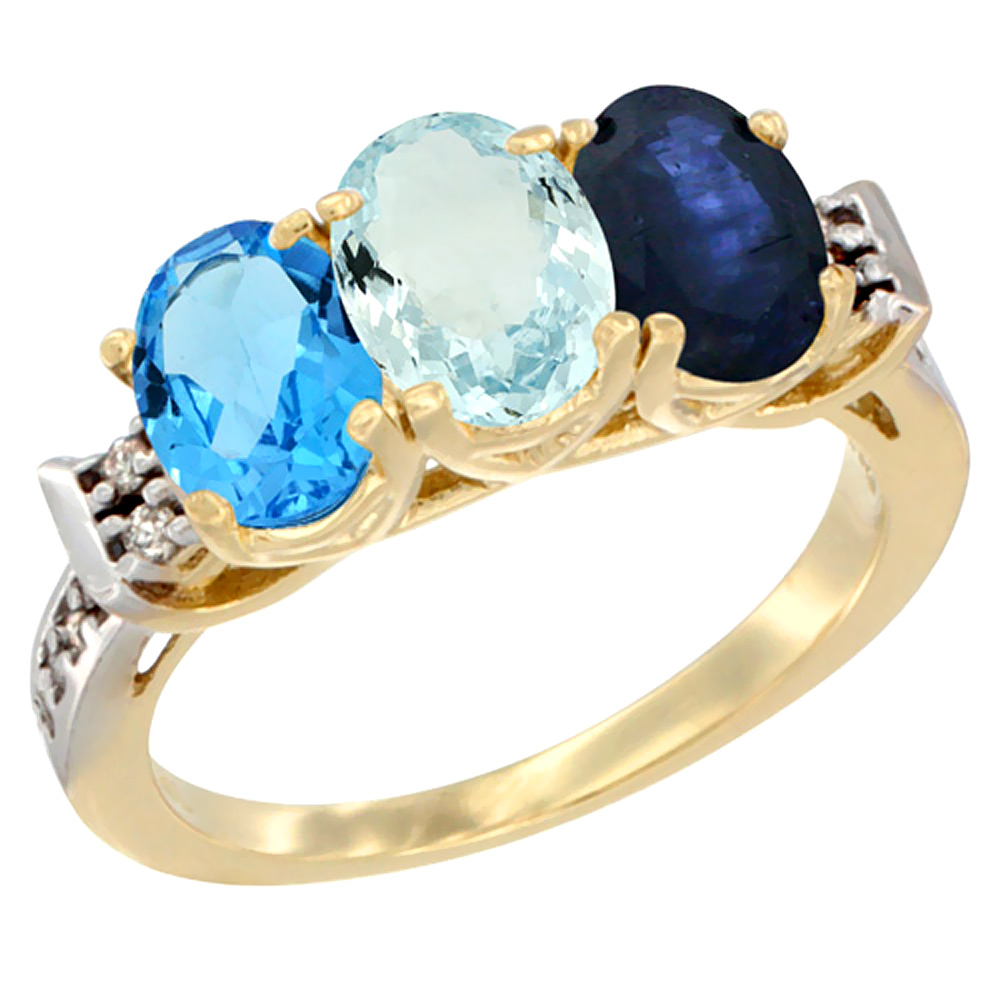 10K Yellow Gold Natural Swiss Blue Topaz, Aquamarine & Blue Sapphire Ring 3-Stone Oval 7x5 mm Diamond Accent, sizes 5 - 10