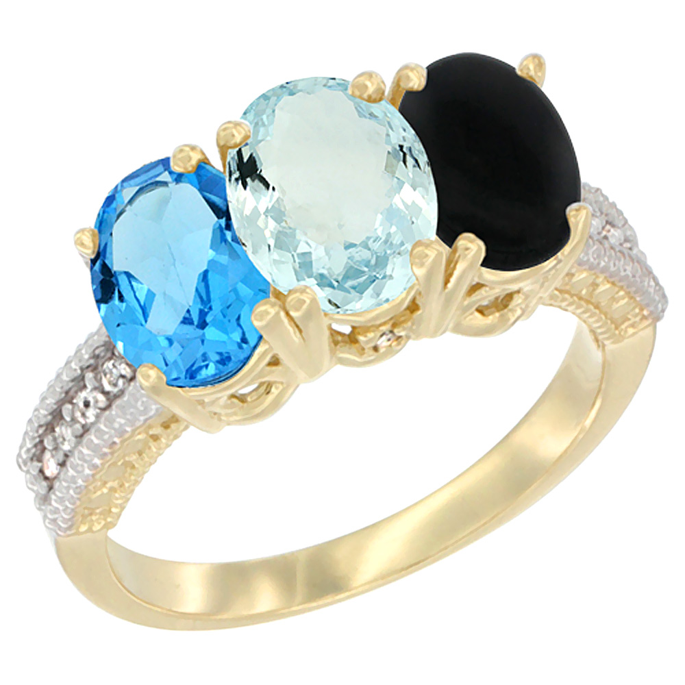 10K Yellow Gold Diamond Natural Swiss Blue Topaz, Aquamarine &amp; Black Onyx Ring 3-Stone Oval 7x5 mm, sizes 5 - 10