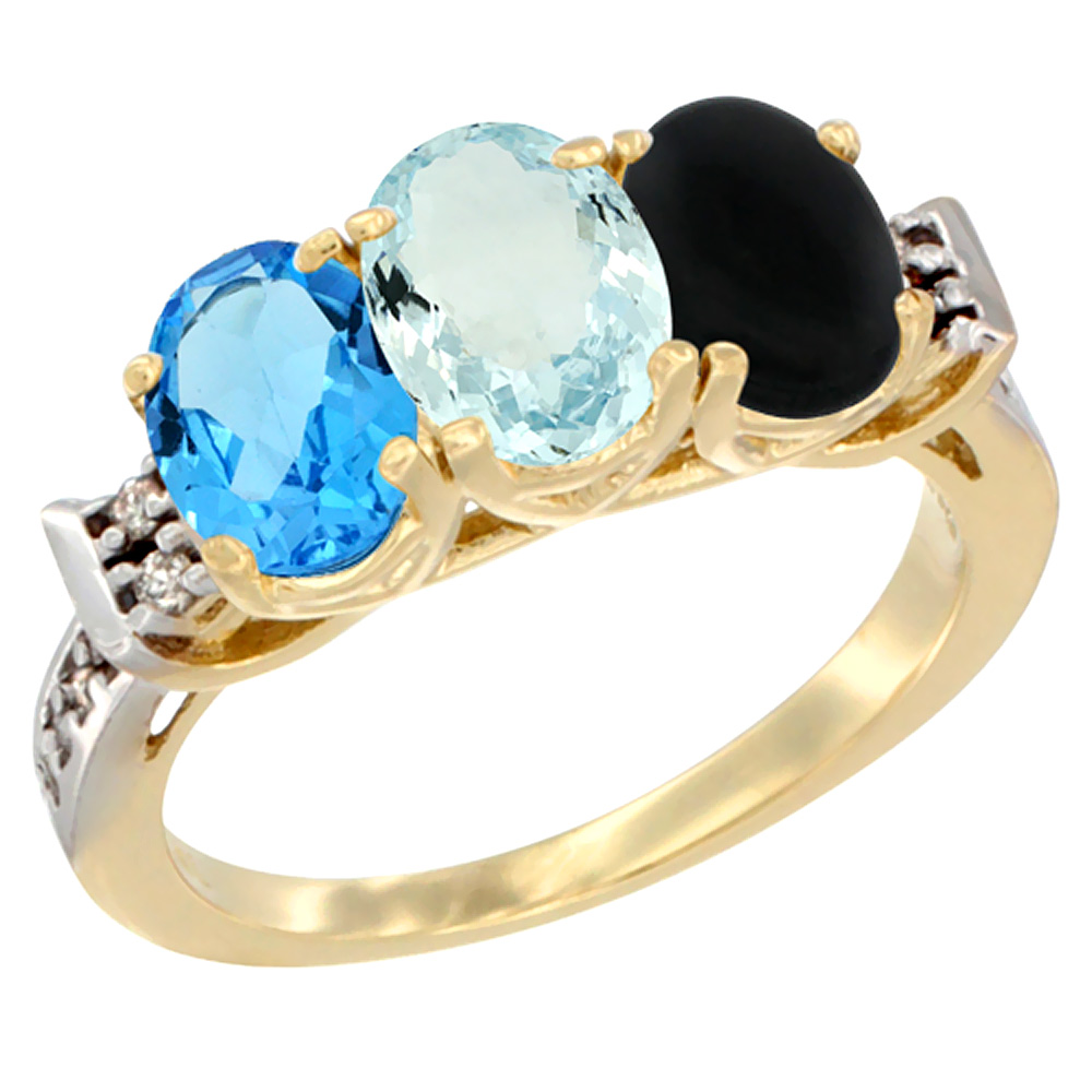 10K Yellow Gold Natural Swiss Blue Topaz, Aquamarine & Black Onyx Ring 3-Stone Oval 7x5 mm Diamond Accent, sizes 5 - 10