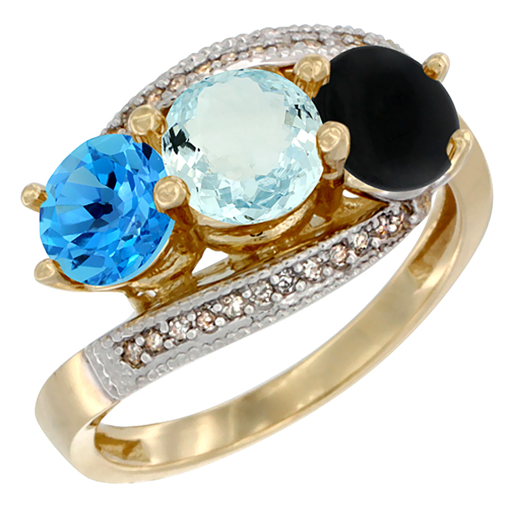 10K Yellow Gold Natural Swiss Blue Topaz, Aquamarine &amp; Black Onyx 3 stone Ring Round 6mm Diamond Accent, sizes 5 - 10