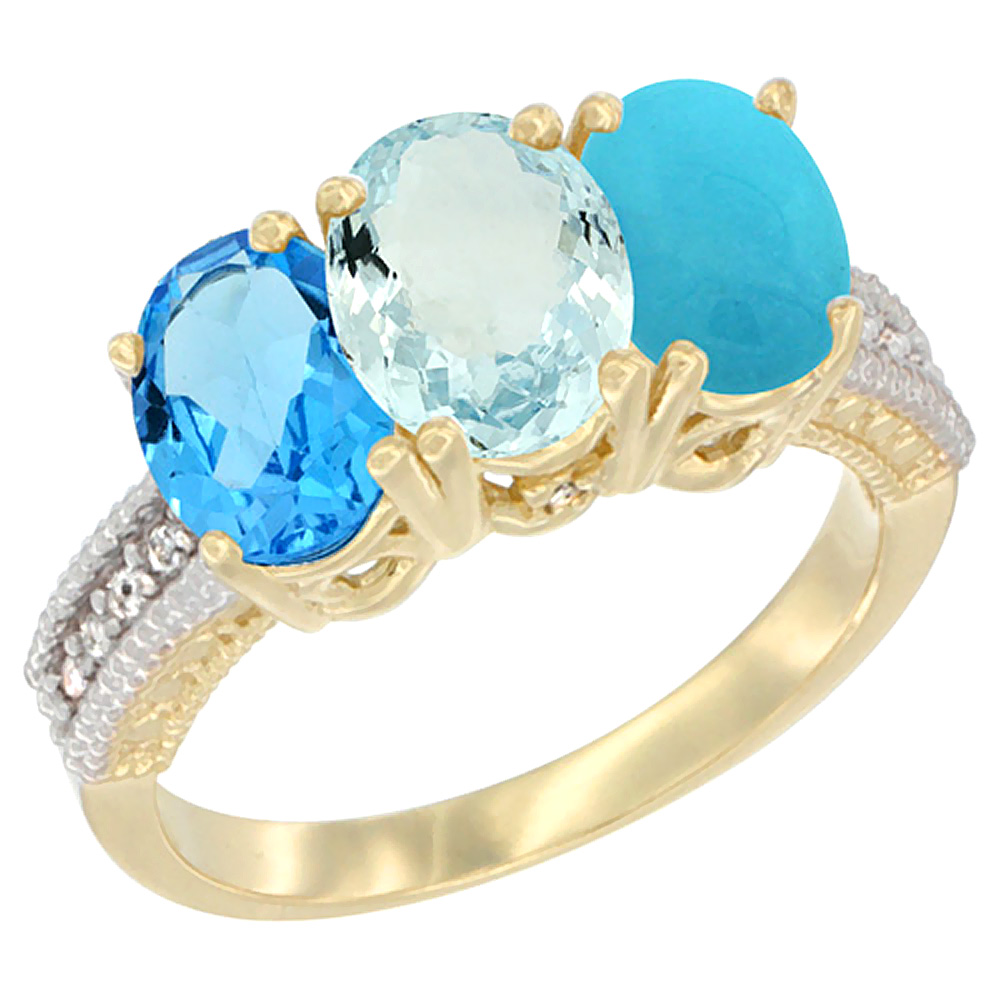 14K Yellow Gold Natural Swiss Blue Topaz, Aquamarine &amp; Turquoise Ring 3-Stone 7x5 mm Oval Diamond Accent, sizes 5 - 10