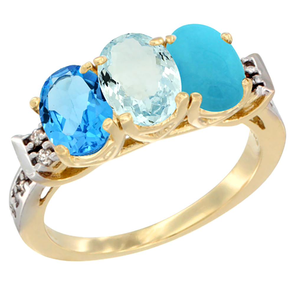 10K Yellow Gold Natural Swiss Blue Topaz, Aquamarine & Turquoise Ring 3-Stone Oval 7x5 mm Diamond Accent, sizes 5 - 10