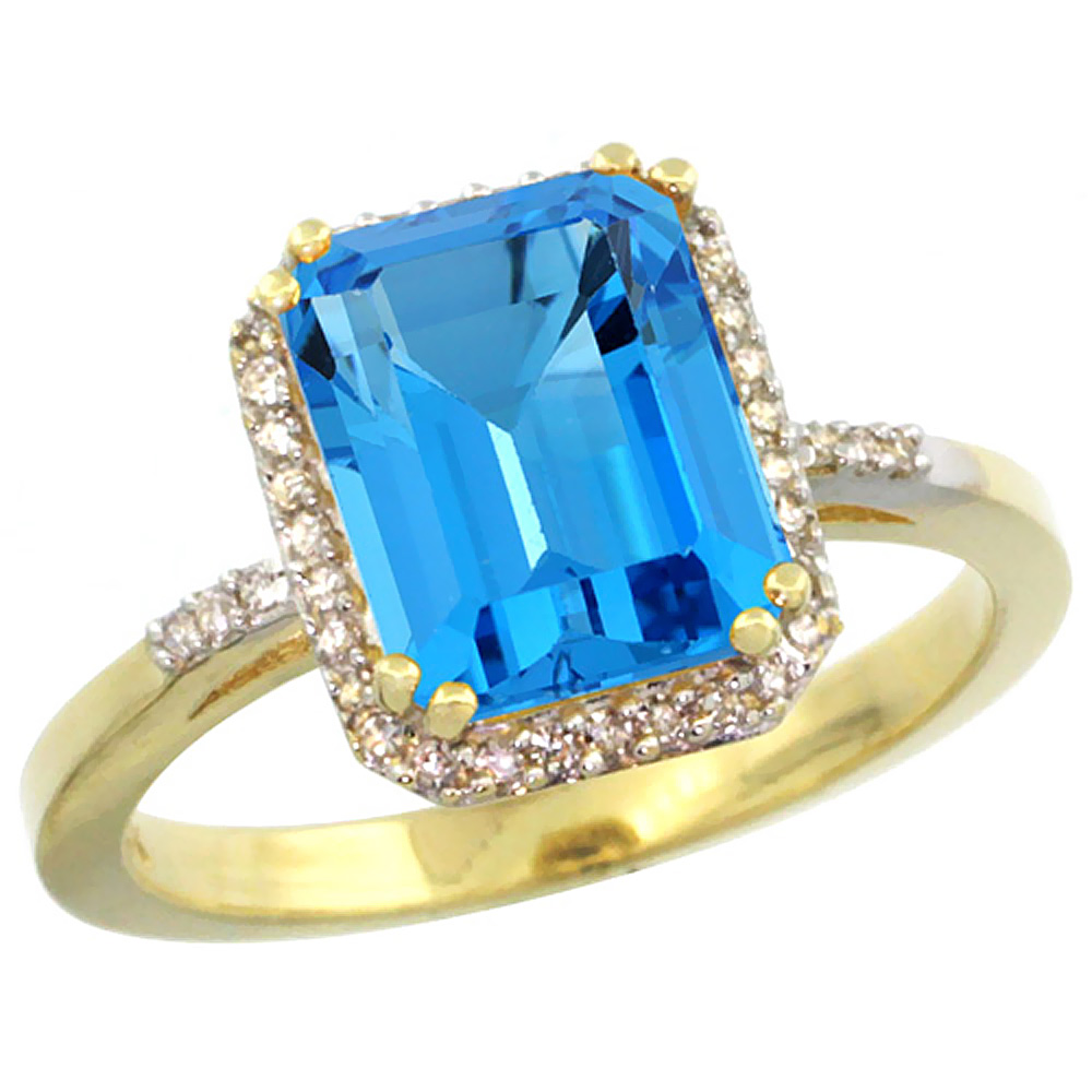 14K Yellow Gold Diamond Natural Swiss Blue Topaz Ring Emerald-cut 9x7mm, sizes 5-10
