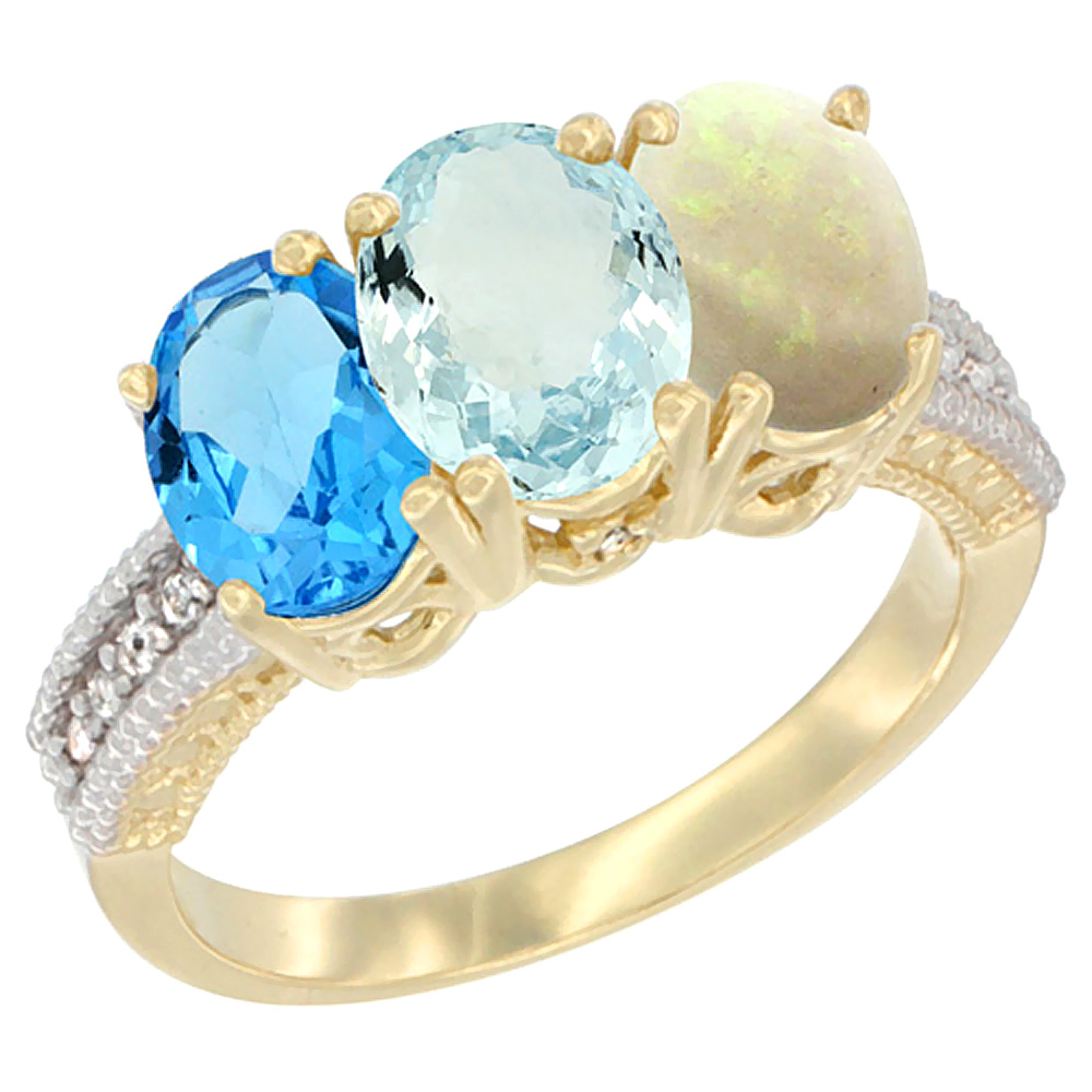 14K Yellow Gold Natural Swiss Blue Topaz, Aquamarine &amp; Opal Ring 3-Stone 7x5 mm Oval Diamond Accent, sizes 5 - 10