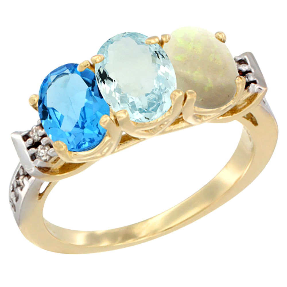 10K Yellow Gold Natural Swiss Blue Topaz, Aquamarine & Opal Ring 3-Stone Oval 7x5 mm Diamond Accent, sizes 5 - 10