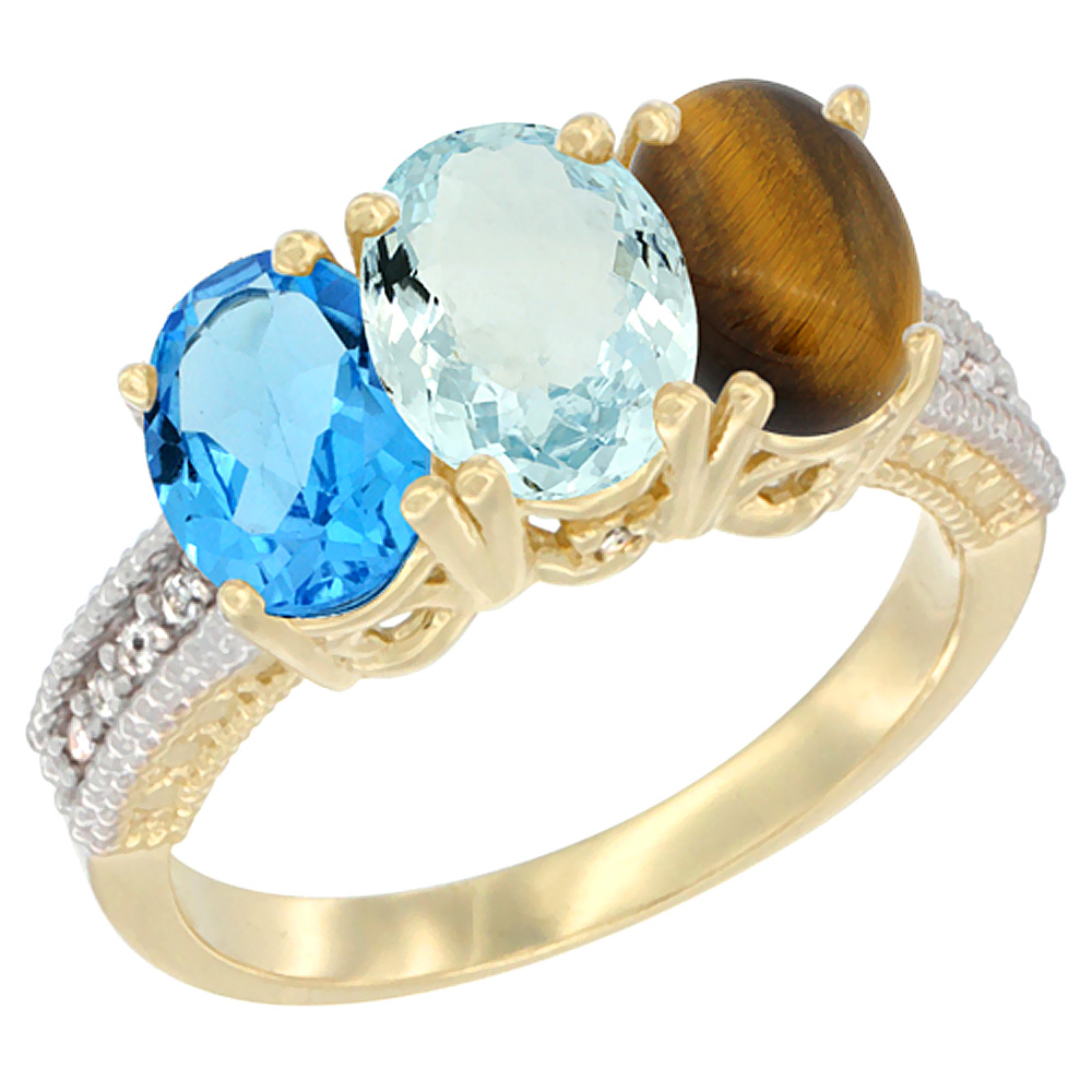 10K Yellow Gold Diamond Natural Swiss Blue Topaz, Aquamarine & Tiger Eye Ring 3-Stone Oval 7x5 mm, sizes 5 - 10