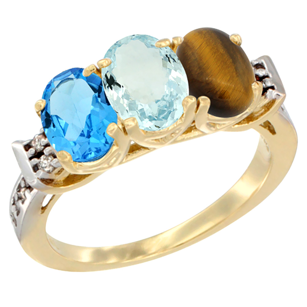 10K Yellow Gold Natural Swiss Blue Topaz, Aquamarine &amp; Tiger Eye Ring 3-Stone Oval 7x5 mm Diamond Accent, sizes 5 - 10