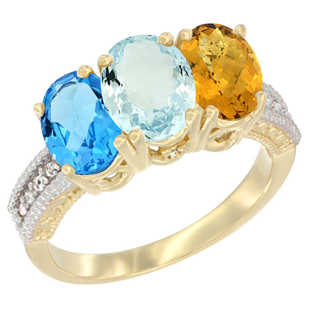 14K Yellow Gold Natural Swiss Blue Topaz, Aquamarine &amp; Whisky Quartz Ring 3-Stone 7x5 mm Oval Diamond Accent, sizes 5 - 10