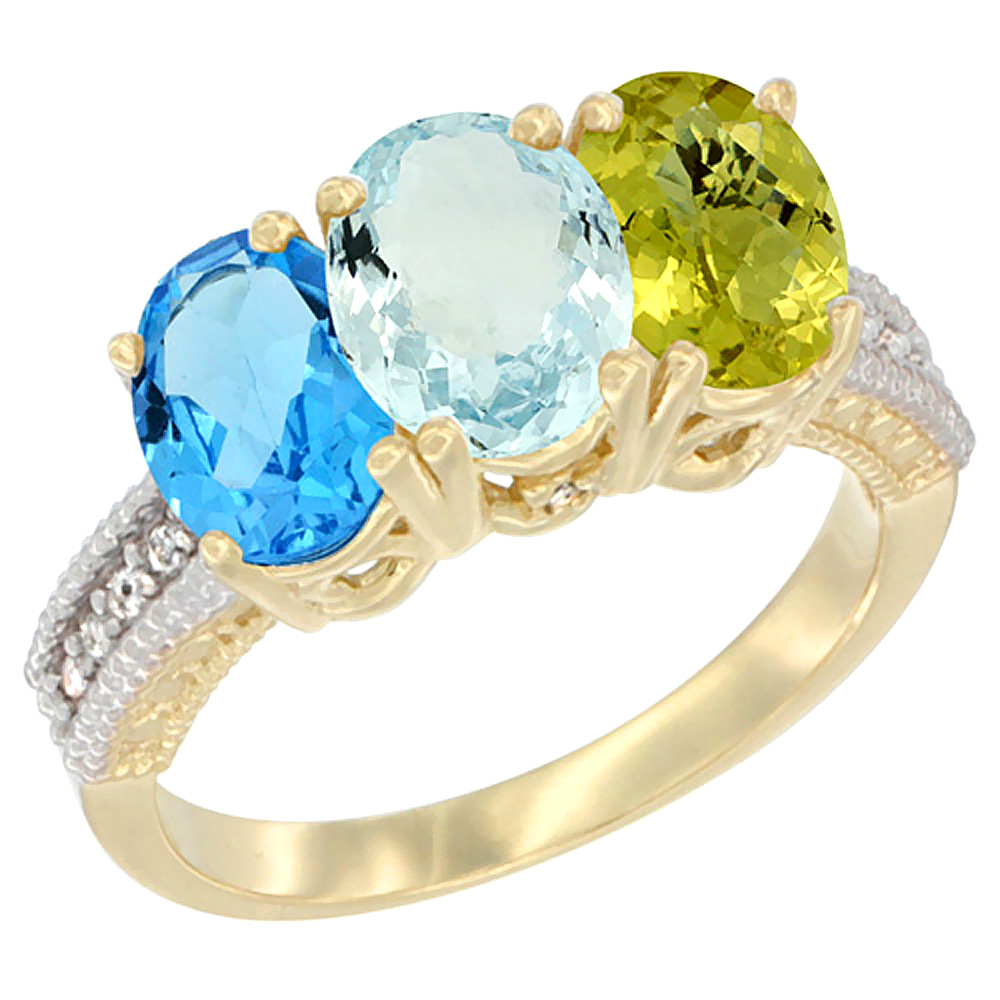 14K Yellow Gold Natural Swiss Blue Topaz, Aquamarine & Lemon Quartz Ring 3-Stone 7x5 mm Oval Diamond Accent, sizes 5 - 10