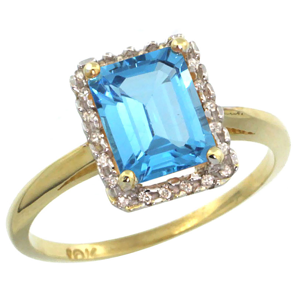 10K Yellow Gold Diamond Genuine Blue Topaz Ring Halo Emerald-cut 8x6mm sizes 5-10