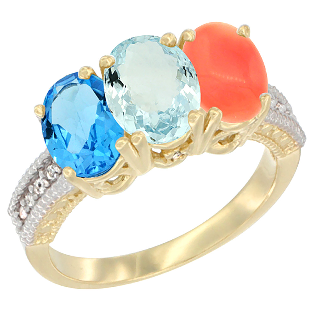 14K Yellow Gold Natural Swiss Blue Topaz, Aquamarine & Coral Ring 3-Stone 7x5 mm Oval Diamond Accent, sizes 5 - 10