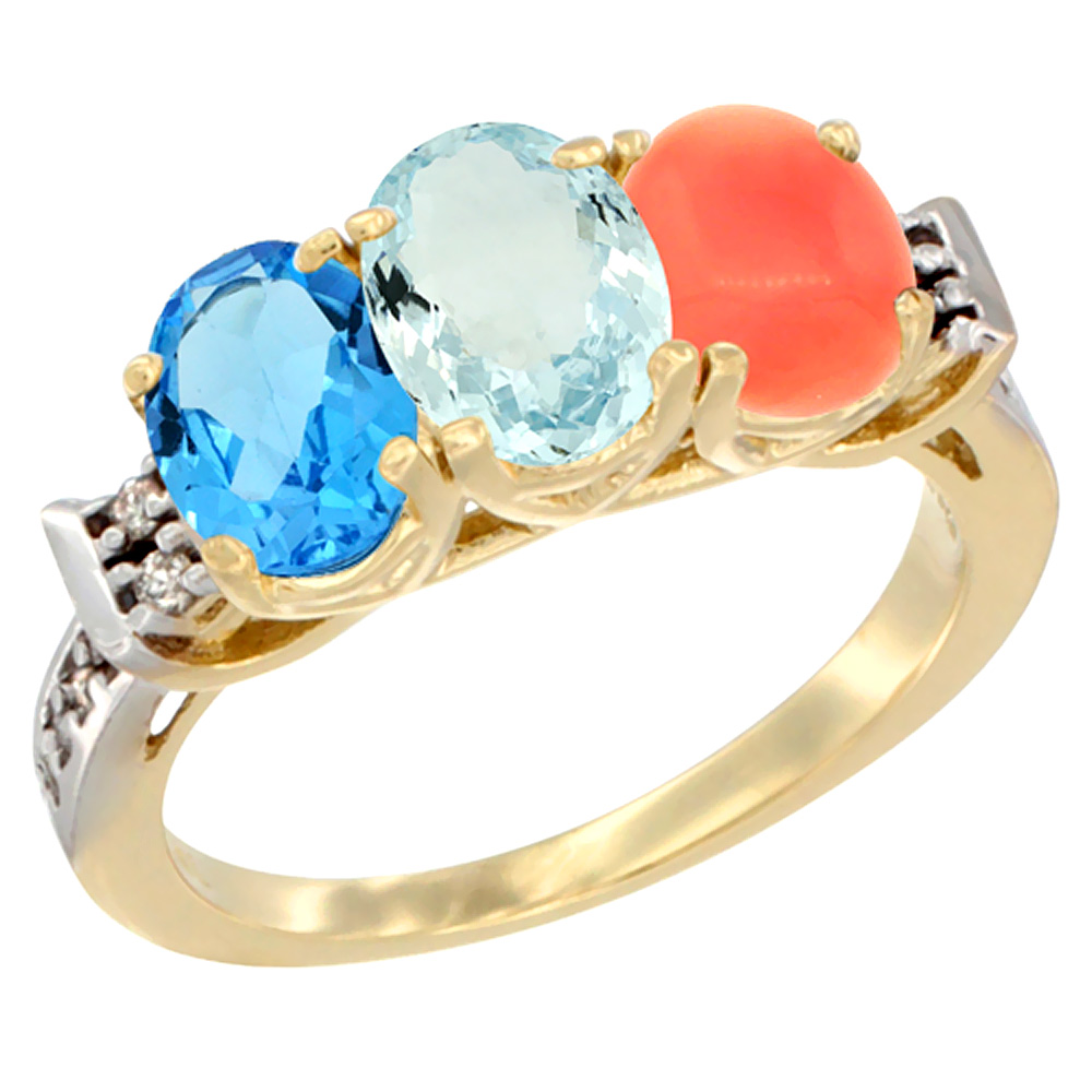 10K Yellow Gold Natural Swiss Blue Topaz, Aquamarine & Coral Ring 3-Stone Oval 7x5 mm Diamond Accent, sizes 5 - 10