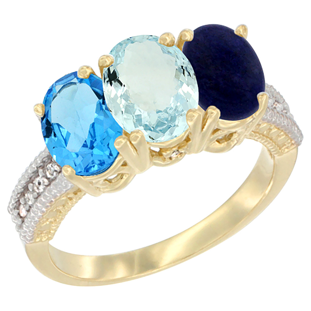 10K Yellow Gold Diamond Natural Swiss Blue Topaz, Aquamarine &amp; Lapis Ring 3-Stone Oval 7x5 mm, sizes 5 - 10