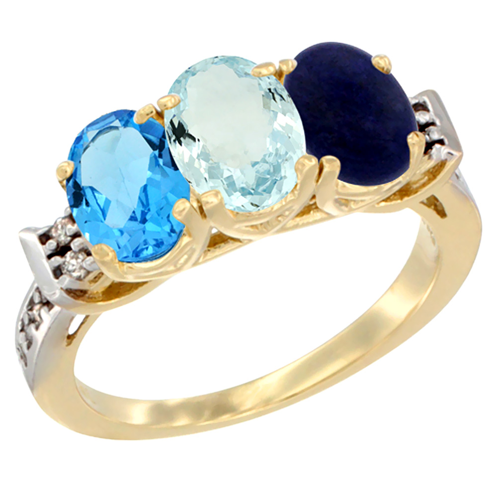 10K Yellow Gold Natural Swiss Blue Topaz, Aquamarine & Lapis Ring 3-Stone Oval 7x5 mm Diamond Accent, sizes 5 - 10