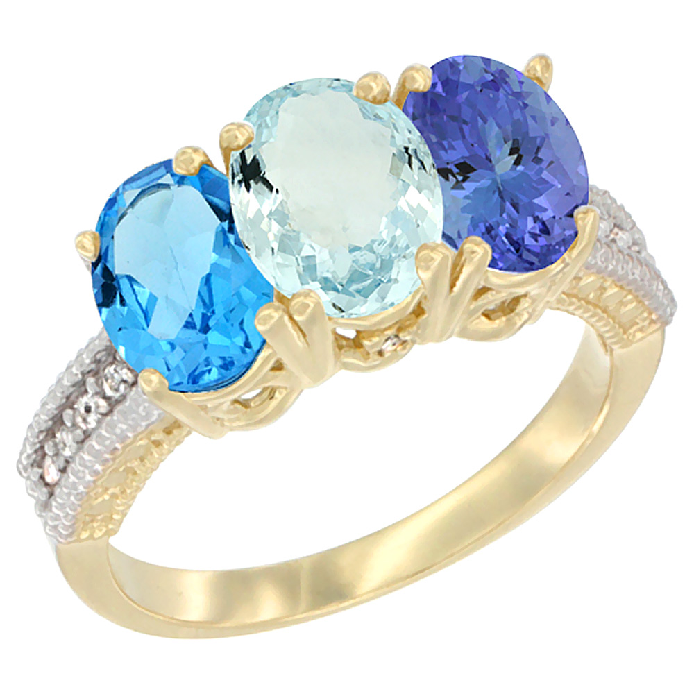 14K Yellow Gold Natural Swiss Blue Topaz, Aquamarine &amp; Tanzanite Ring 3-Stone 7x5 mm Oval Diamond Accent, sizes 5 - 10