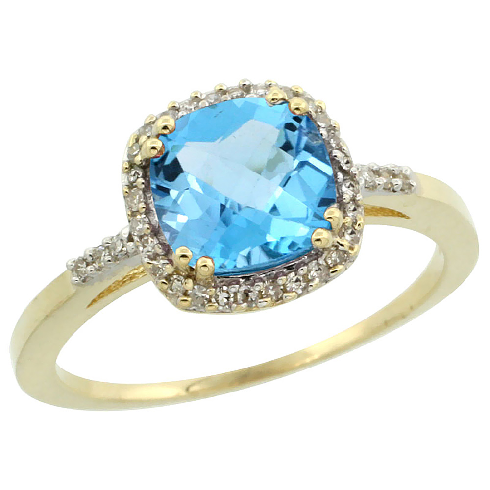 10K Yellow Gold Diamond Genuine Blue Topaz Ring Halo Cushion-cut 7x7mm sizes 5-10