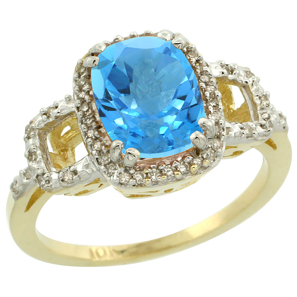 10K Yellow Gold Diamond Genuine Blue Topaz Ring Halo Cushion-cut 9x7mm sizes 5-10