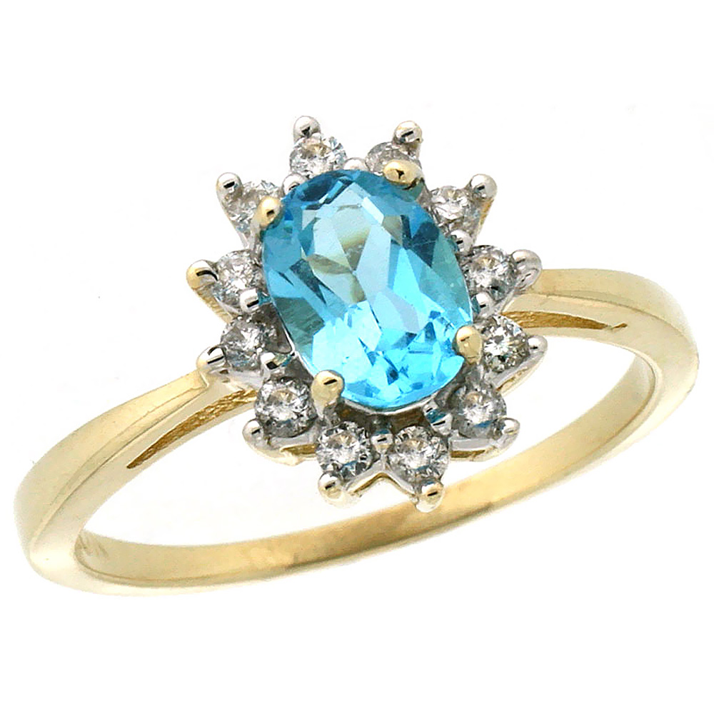 14K Yellow Gold Natural Swiss Blue Topaz Engagement Ring Oval 7x5mm Diamond Halo, sizes 5-10