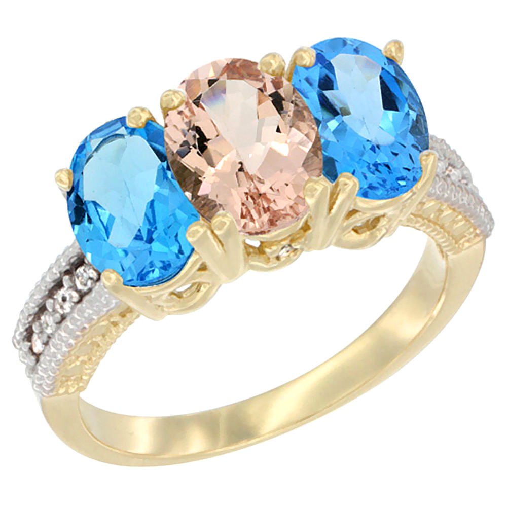 14K Yellow Gold Natural Morganite & Swiss Blue Topaz Sides Ring 3-Stone 7x5 mm Oval Diamond Accent, sizes 5 - 10
