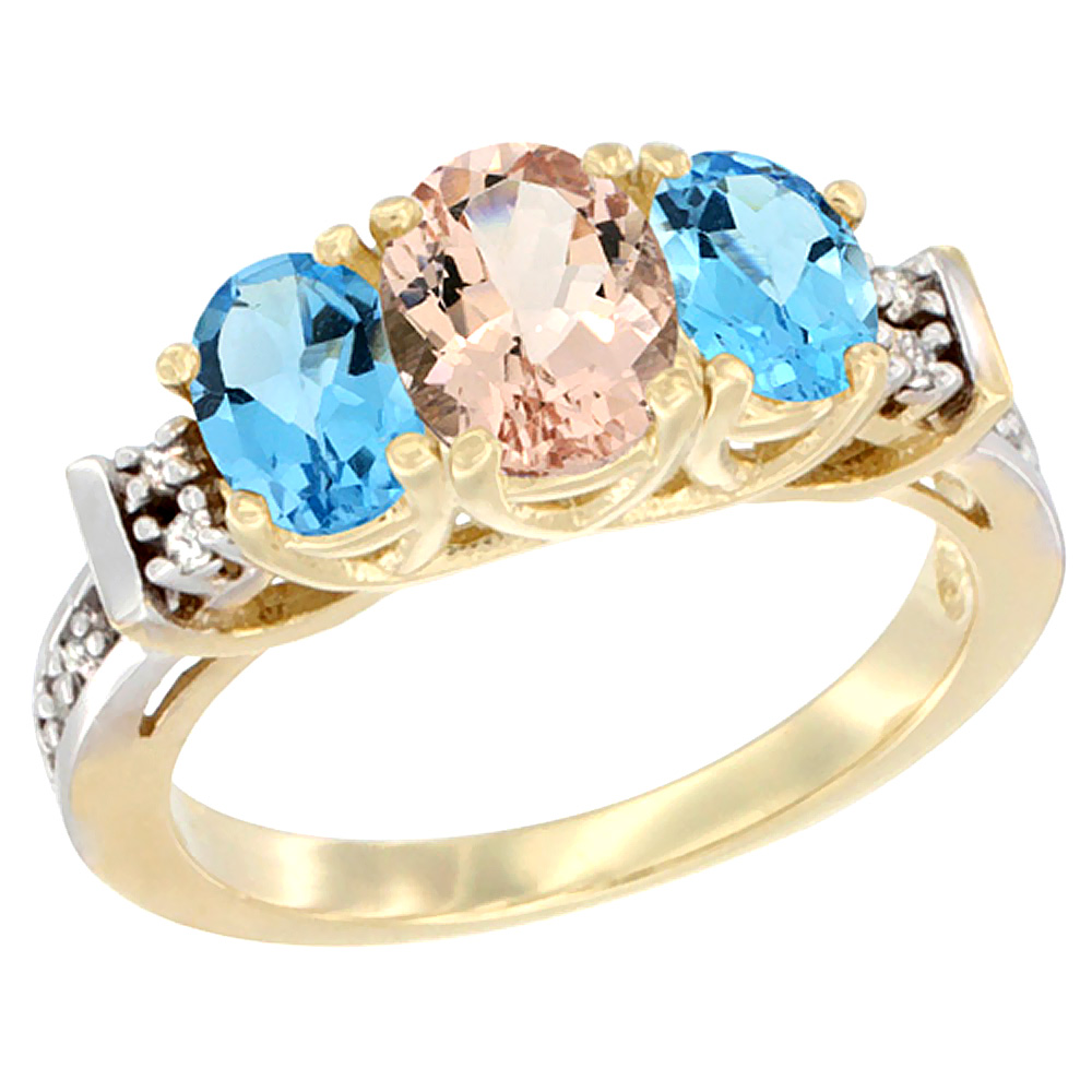 14K Yellow Gold Natural Morganite & Swiss Blue Topaz Ring 3-Stone Oval Diamond Accent