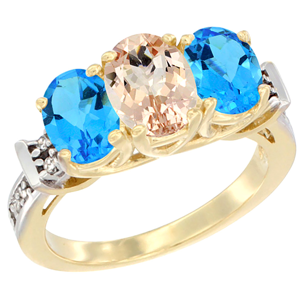 14K Yellow Gold Natural Morganite &amp; Swiss Blue Topaz Sides Ring 3-Stone Oval Diamond Accent, sizes 5 - 10