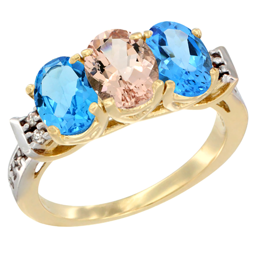 10K Yellow Gold Natural Morganite &amp; Swiss Blue Topaz Sides Ring 3-Stone Oval 7x5 mm Diamond Accent, sizes 5 - 10