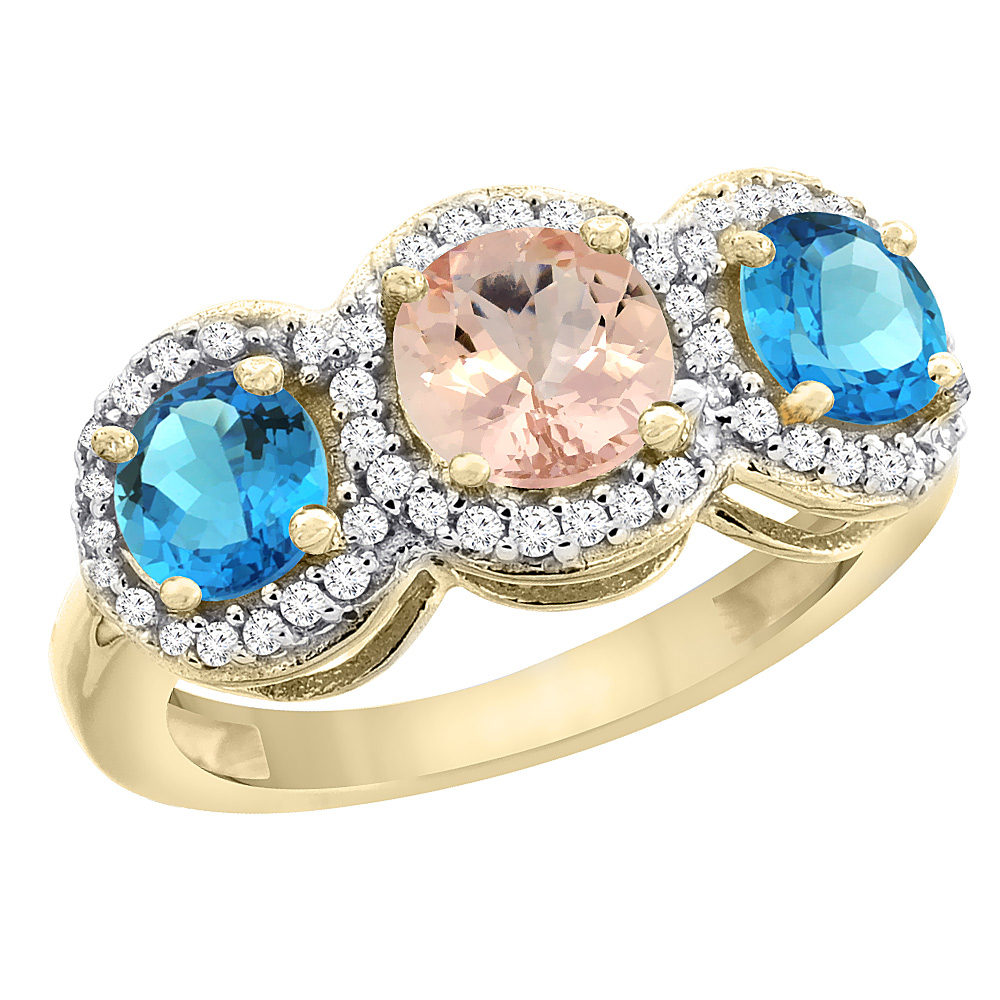 10K Yellow Gold Natural Morganite & Swiss Blue Topaz Sides Round 3-stone Ring Diamond Accents, sizes 5 - 10