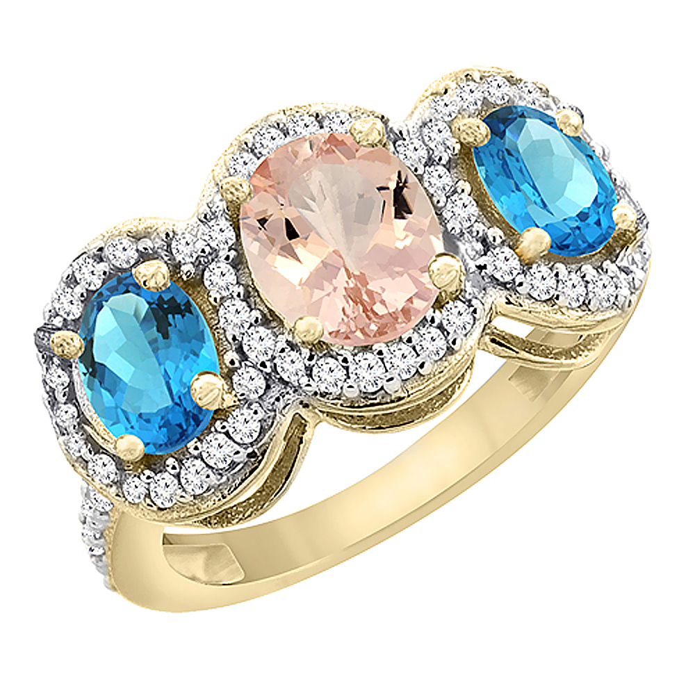 10K Yellow Gold Natural Morganite & Swiss Blue Topaz 3-Stone Ring Oval Diamond Accent, sizes 5 - 10