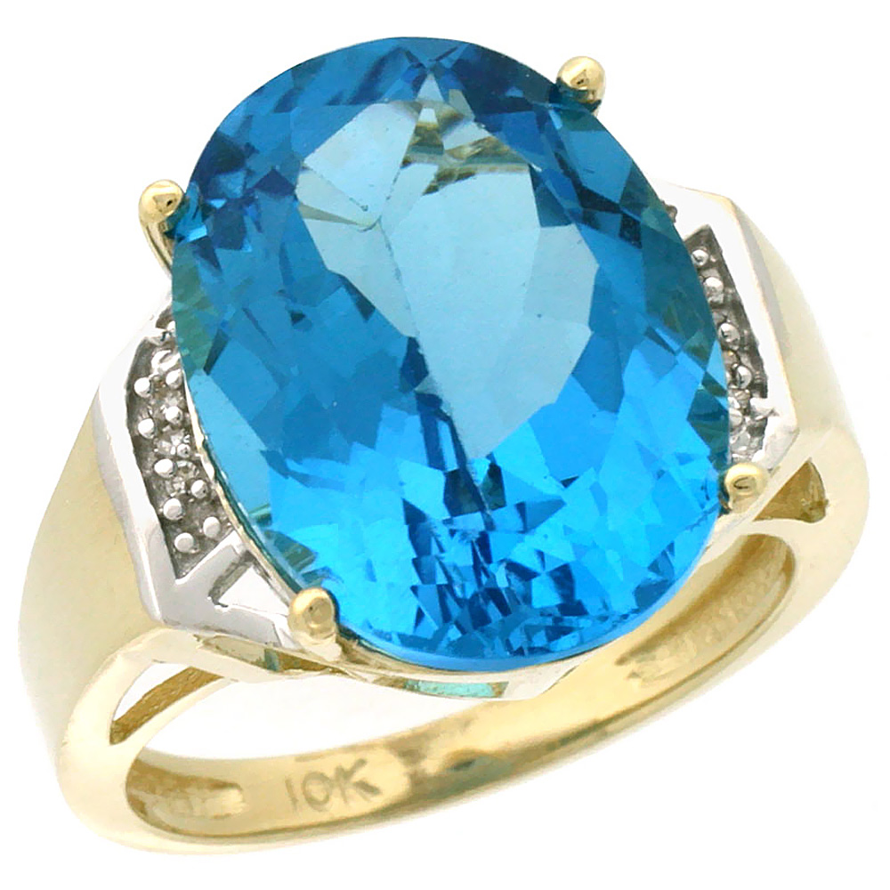 10K Yellow Gold Diamond Genuine Blue Topaz Ring Oval 16x12mm sizes 5-10