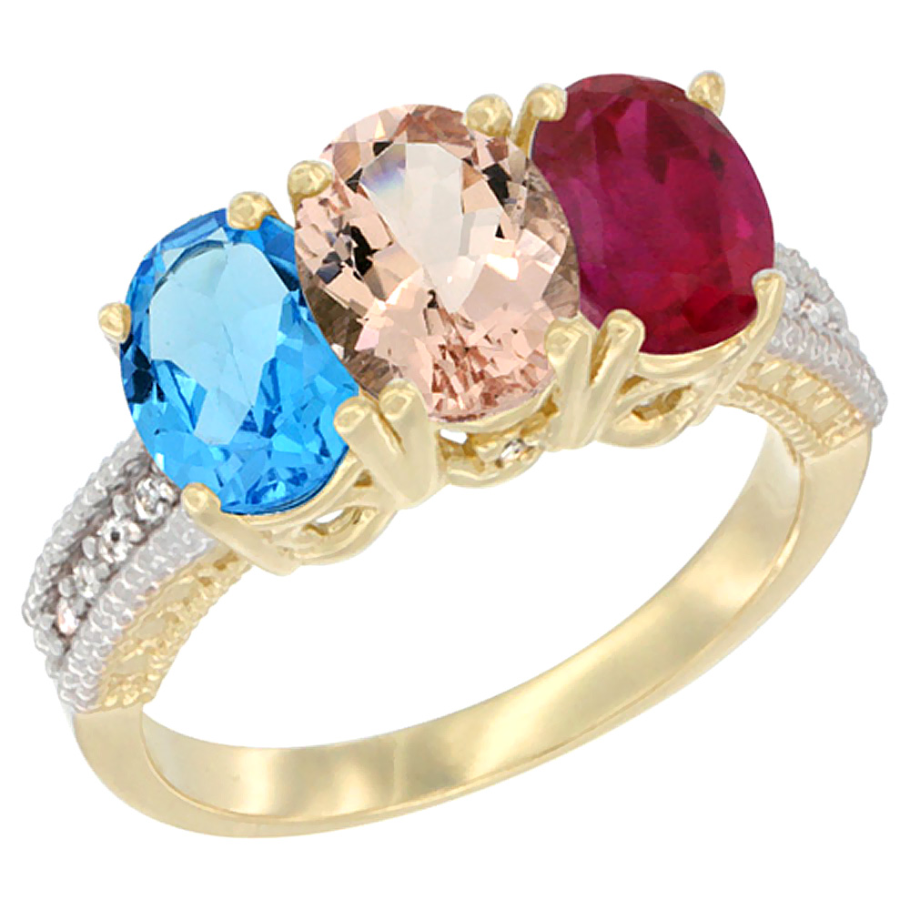10K Yellow Gold Diamond Natural Swiss Blue Topaz, Morganite & Enhanced Ruby Ring 3-Stone Oval 7x5 mm, sizes 5 - 10