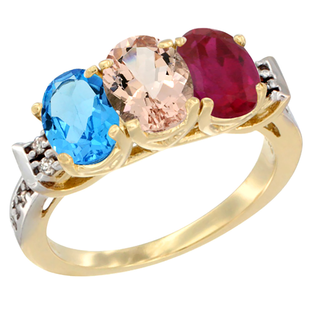 10K Yellow Gold Natural Swiss Blue Topaz, Morganite & Enhanced Ruby Ring 3-Stone Oval 7x5 mm Diamond Accent, sizes 5 - 10