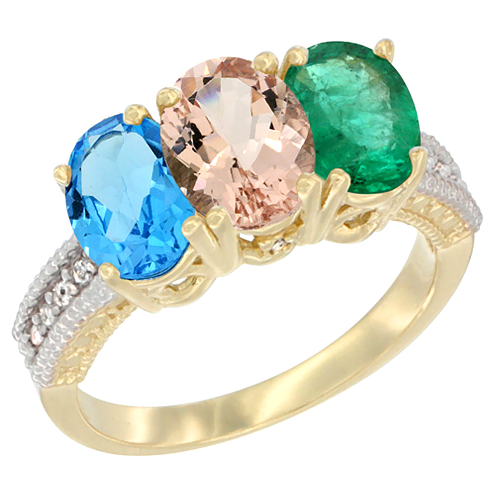 14K Yellow Gold Natural Swiss Blue Topaz, Morganite &amp; Emerald Ring 3-Stone 7x5 mm Oval Diamond Accent, sizes 5 - 10