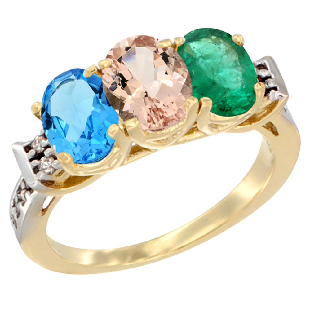 10K Yellow Gold Natural Swiss Blue Topaz, Morganite & Emerald Ring 3-Stone Oval 7x5 mm Diamond Accent, sizes 5 - 10