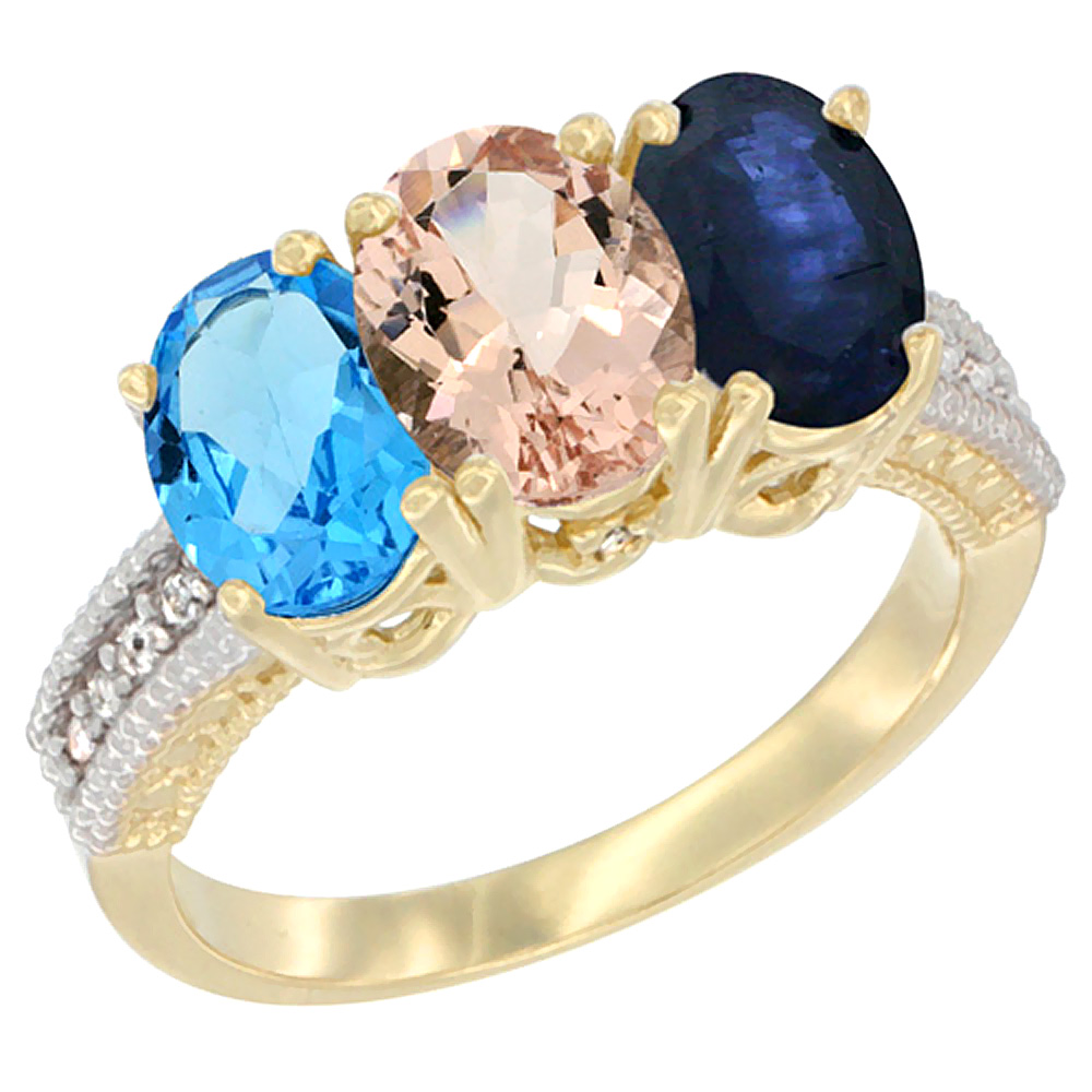 14K Yellow Gold Natural Swiss Blue Topaz, Morganite &amp; Blue Sapphire Ring 3-Stone 7x5 mm Oval Diamond Accent, sizes 5 - 10
