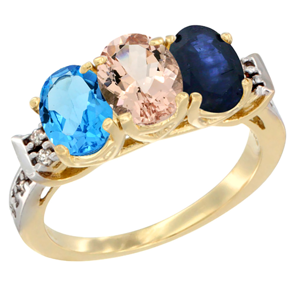 10K Yellow Gold Natural Swiss Blue Topaz, Morganite & Blue Sapphire Ring 3-Stone Oval 7x5 mm Diamond Accent, sizes 5 - 10