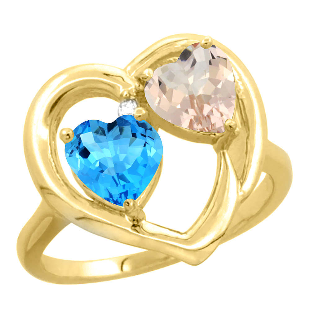 10K Yellow Gold Diamond Two-stone Heart Ring 6mm Natural Swiss Blue Topaz &amp; Morganite, sizes 5-10