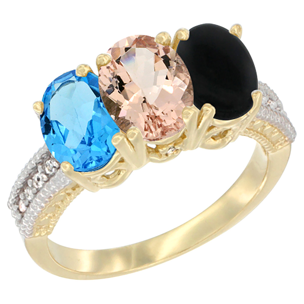 14K Yellow Gold Natural Swiss Blue Topaz, Morganite & Black Onyx Ring 3-Stone 7x5 mm Oval Diamond Accent, sizes 5 - 10