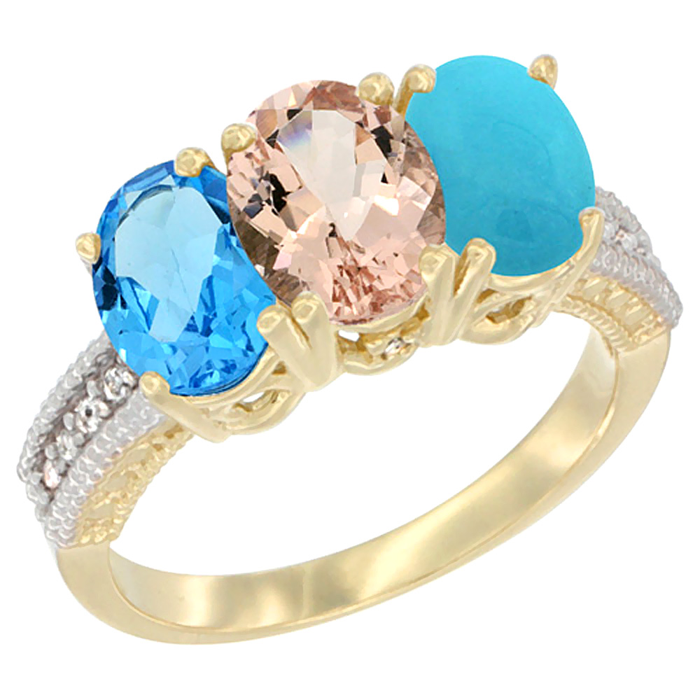 14K Yellow Gold Natural Swiss Blue Topaz, Morganite &amp; Turquoise Ring 3-Stone 7x5 mm Oval Diamond Accent, sizes 5 - 10