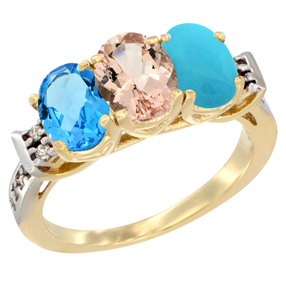 10K Yellow Gold Natural Swiss Blue Topaz, Morganite &amp; Turquoise Ring 3-Stone Oval 7x5 mm Diamond Accent, sizes 5 - 10