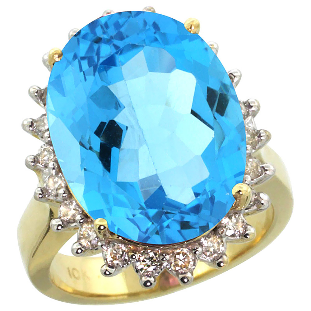 14k Yellow Gold Diamond Halo Natural Blue Topaz Ring Large Oval 18x13mm, sizes 5-10
