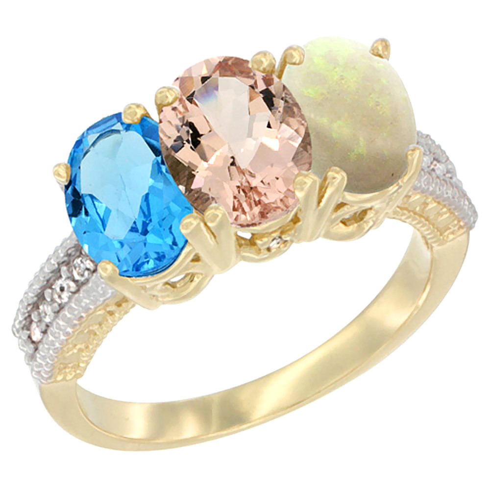 14K Yellow Gold Natural Swiss Blue Topaz, Morganite &amp; Opal Ring 3-Stone 7x5 mm Oval Diamond Accent, sizes 5 - 10