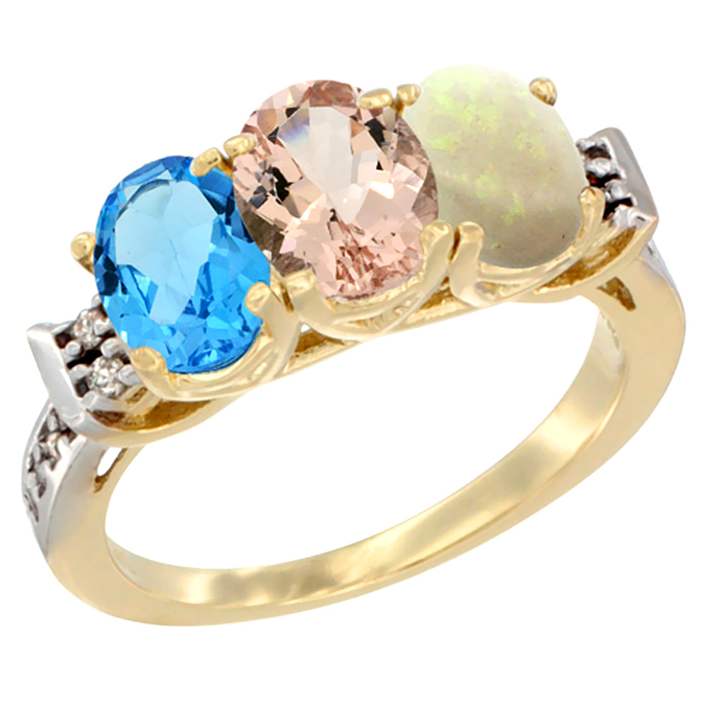 10K Yellow Gold Natural Swiss Blue Topaz, Morganite & Opal Ring 3-Stone Oval 7x5 mm Diamond Accent, sizes 5 - 10