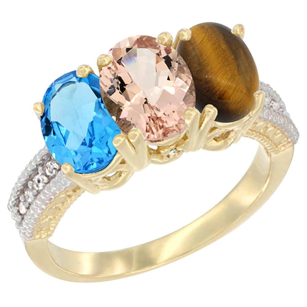 14K Yellow Gold Natural Swiss Blue Topaz, Morganite & Tiger Eye Ring 3-Stone 7x5 mm Oval Diamond Accent, sizes 5 - 10