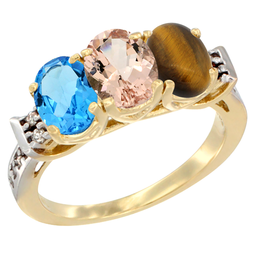 10K Yellow Gold Natural Swiss Blue Topaz, Morganite &amp; Tiger Eye Ring 3-Stone Oval 7x5 mm Diamond Accent, sizes 5 - 10