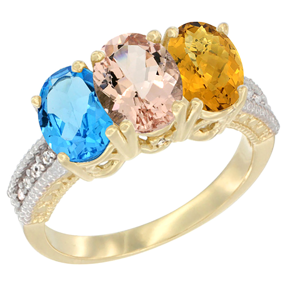 10K Yellow Gold Diamond Natural Swiss Blue Topaz, Morganite & Whisky Quartz Ring 3-Stone Oval 7x5 mm, sizes 5 - 10